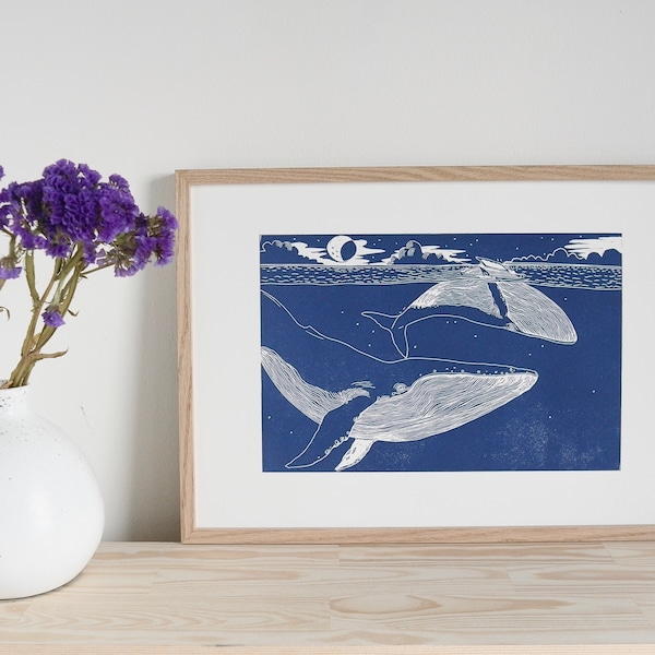Depths of motherhood whale original lino print art