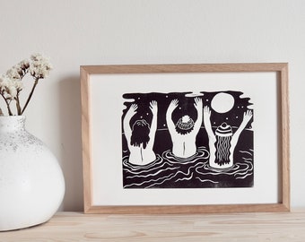 Tits To The Wind | Original Linocut Print inspired by wild swimming with friends | handmade art