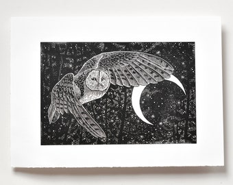 Barn Owl Linocut Print | Original Handmade Art | A3 | Lino print with stars and crescent moon