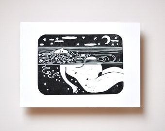 The Pregnant goddess| Handmade Linocut print inspired by wild swimming | Under The Stars and Moon Art