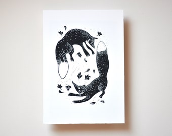 Foxes In Autumn leaves | Original Linocut print of two playful foxes | Handmade block print Art