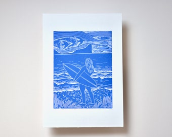 Surfing at Llangennith Original Linocut Lino Print in Blue | Worms Head Gower Handmade Linocut Art