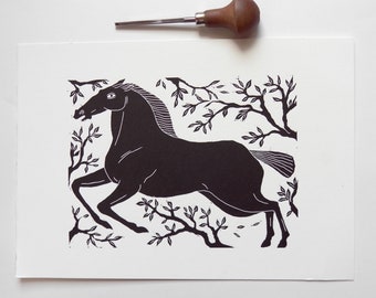 Bringing The Dawn | Original Linocut Print | Inspired by the greek vase art and myths, Phaeton the horse brings the dawn | Handmade art
