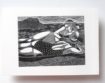 Rotherslade Beach | Original Linocut Print | Handmade Wild Swimming Art | Women Sunbathing near Donkey Rock on The Gower
