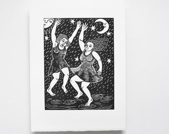 Sun and Moon | Original Linocut Print | two women dancing in the rain under the stars art