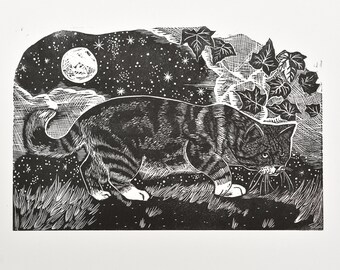 A Cat in the night | Linocut Print | Original Handmade Art