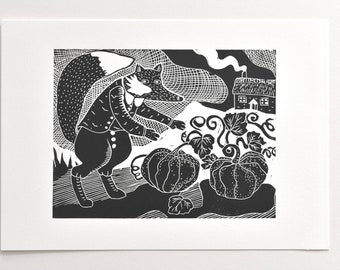 Halloween Fox and the Pumpkins | Linocut Print | Handmade Art | Original lino print