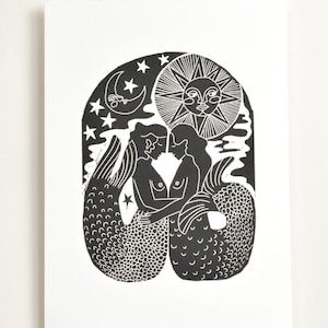 Sapphic Seas | Original Linocut Print  | lesbian mermaid  couple embracing and in love under the sun and moon | Wild swimming