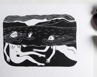 Swimming In Snowdonia | Original Linocut Print inspired by wild swimming lake and ocean adventures with friends | Handmade Art