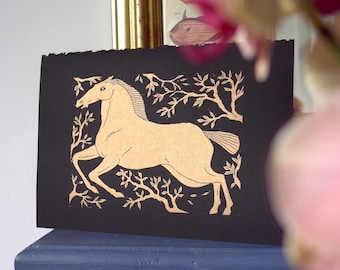Bringing The Dawn | Original Linocut Print | greek horse myths in gold | Handmade art