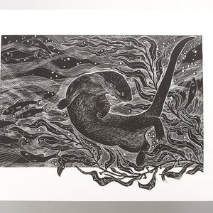 Salt Marsh Otter | Handmade Linocut Print | swimming through the seaweed and water | original wildlife art | Handprinted Gower series