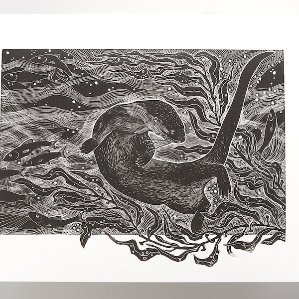 Salt Marsh Otter | Handmade Linocut Print | swimming through the seaweed and water | original wildlife art | Handprinted Gower series