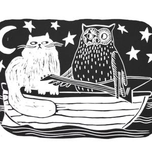 Owl and Pussycat Linocut Print: Rock and Roll Nursery Art