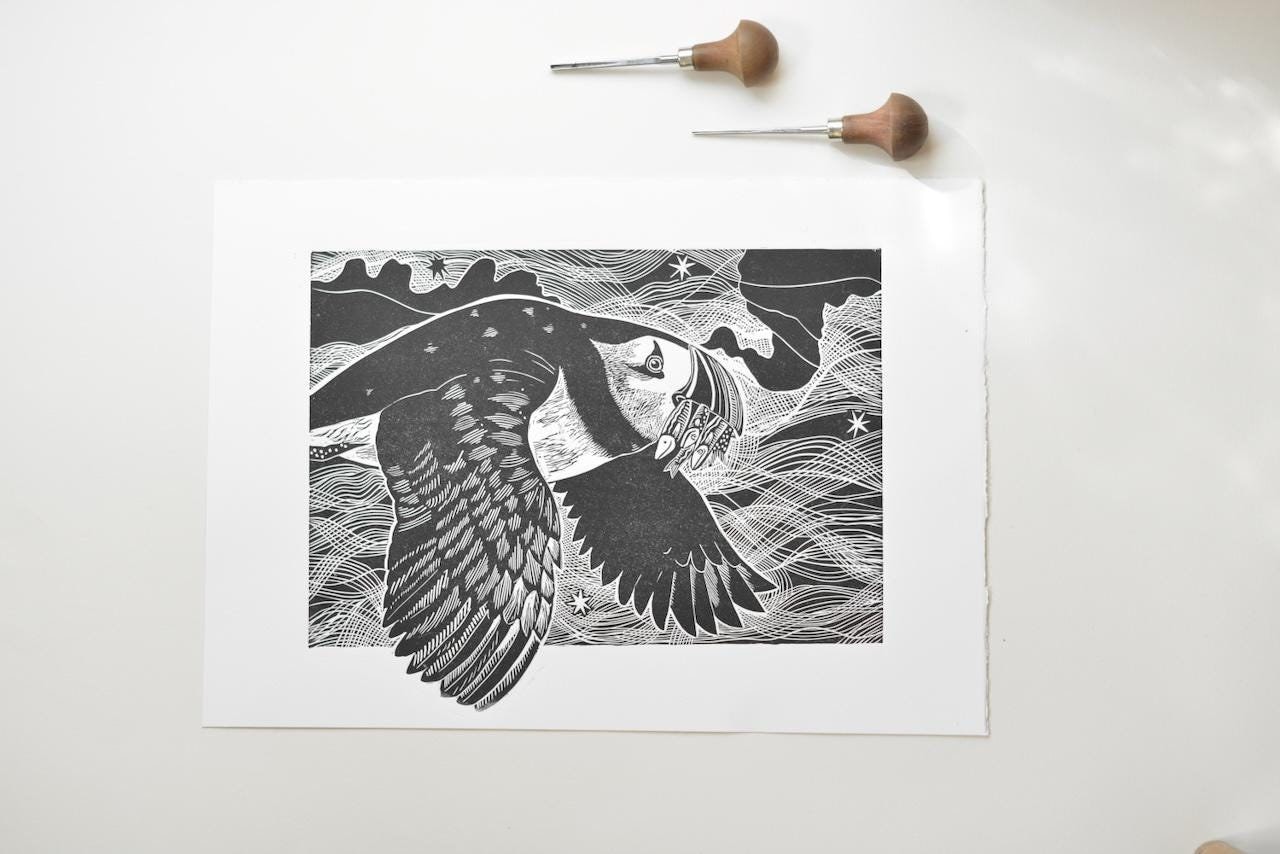 Puffin Linocut Print | Lino print | British bird art | Handmade Art Print