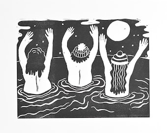 Meisen im Wind | Original Linoldruck inspiriert von wildes Schwimmen mit Freunden | handgefertigte Kunst