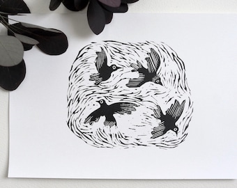 Blackbirds Flying | Original Linocut Print| birds playing in the wind off the coast art