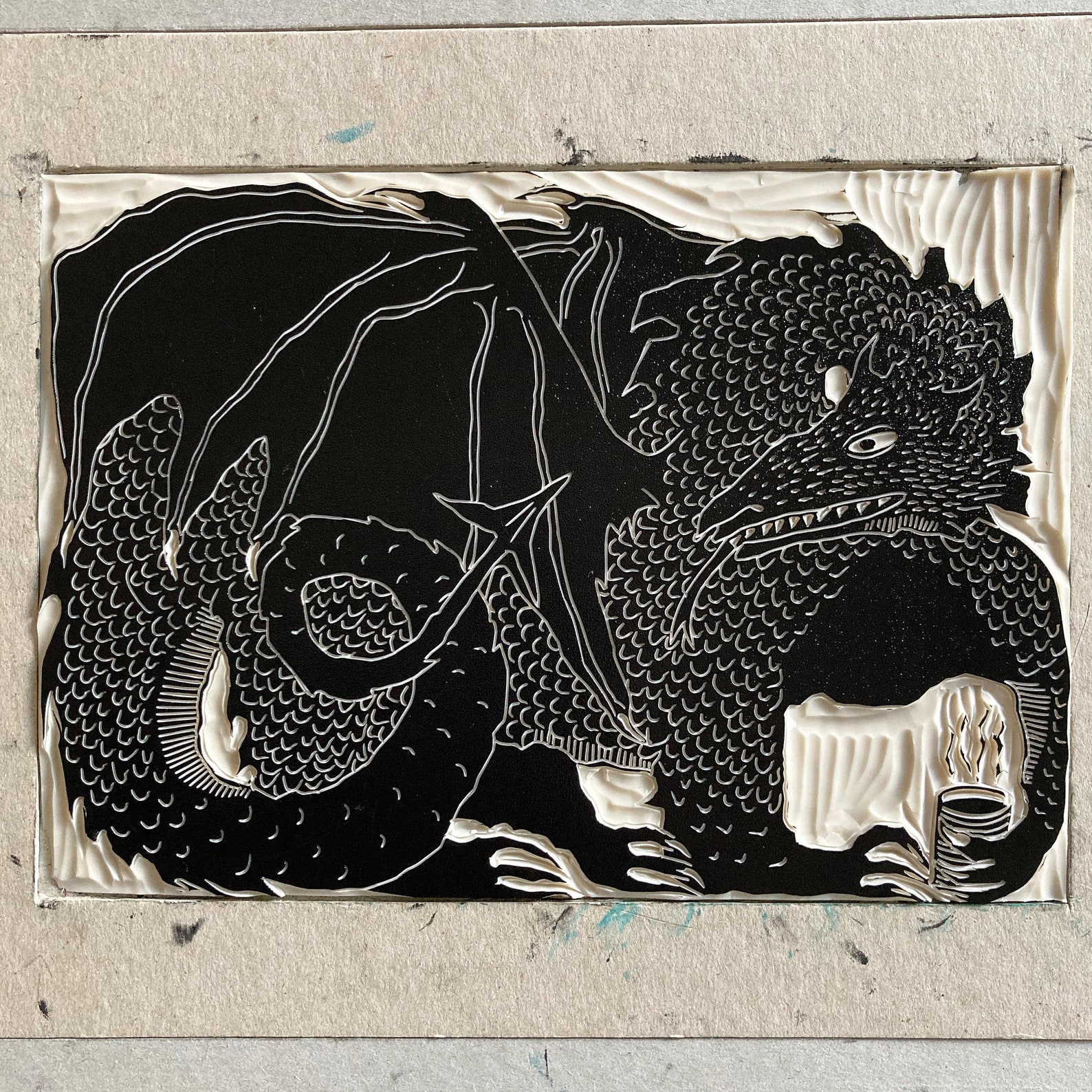 Handmade Linocut Print Welsh Dragon Dddraig Fantasy LOTR Art Etsy