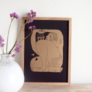 The Crying Giant | Original Linocut Print in Gold | inspired by tales of nature | Handmade Art