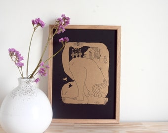 The Crying Giant | Original Linocut Print in Gold | inspired by tales of nature | Handmade Art