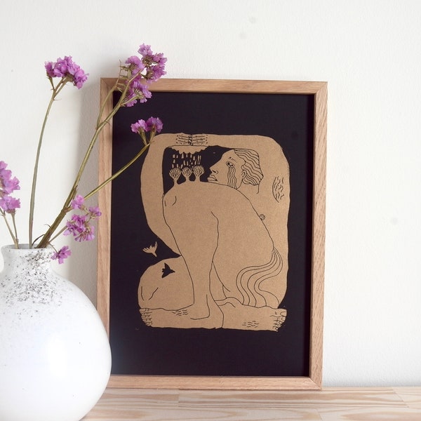 The Crying Giant | Original Linocut Print in Gold | inspired by tales of nature | Handmade Art