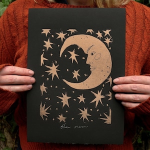 The Moon | Original Handmade Linocut Print | Moon and Stars Lino | Copper Gold and Black | Celestial halloween art decor