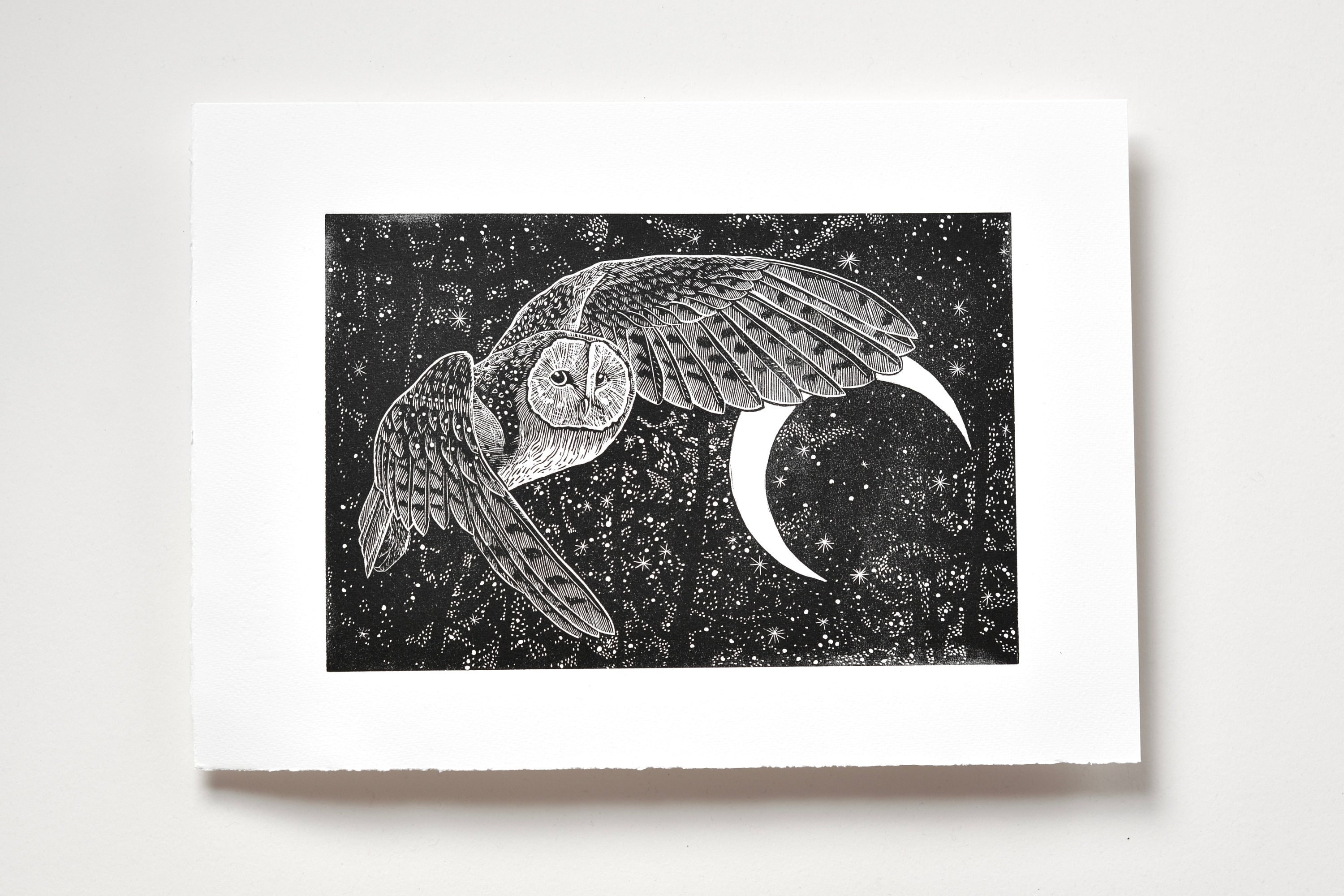 Barn Owl Linocut Print: Handmade Art with Stars and Moon
