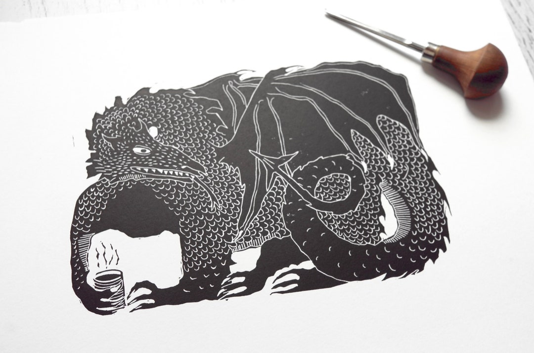 Handmade Linocut Print Welsh Dragon Dddraig Fantasy LOTR Art Etsy