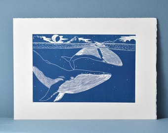 Humpback Whale Mother and Calf, Original Linocut Art Print - Etsy