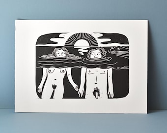 Original Linoldruck: Wilde Schwimmer & Robbe in der Mutton Cove