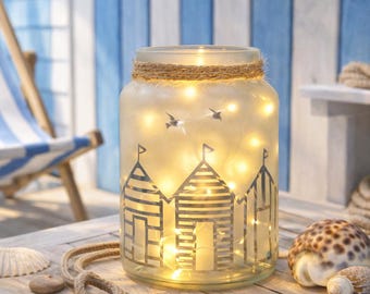 Beach Huts Light Up Jar Night Light,  Birthday Gift,  Beach House Lamp, Seaside Gifts, Coastal Gift, Lantern, Mother’s Day Gift