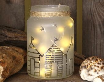 Beach Huts Light Up Jar Night Light,  Birthday Gift,  Beach House Lamp, Seaside Gifts, Light Up Jar, Seaside Decor, Light Up Lantern Jar