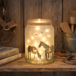 Etched Horse Light-Up Jar – Equestrian Night Light, Handmade
