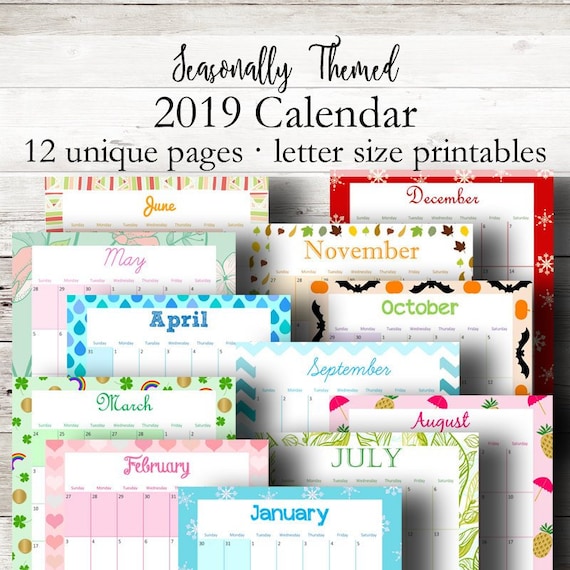 themed printable calendar 2019 monthly planner 2019 wall etsy downloadable 2019 calendar with holidays