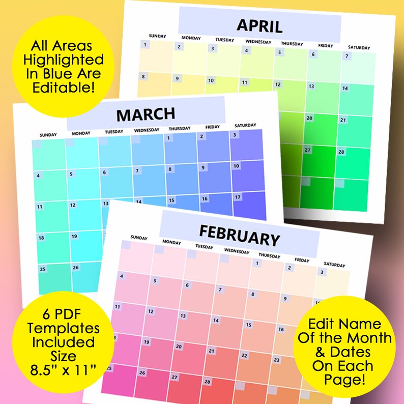monthly calendar template editable calendar 2021 printable etsy