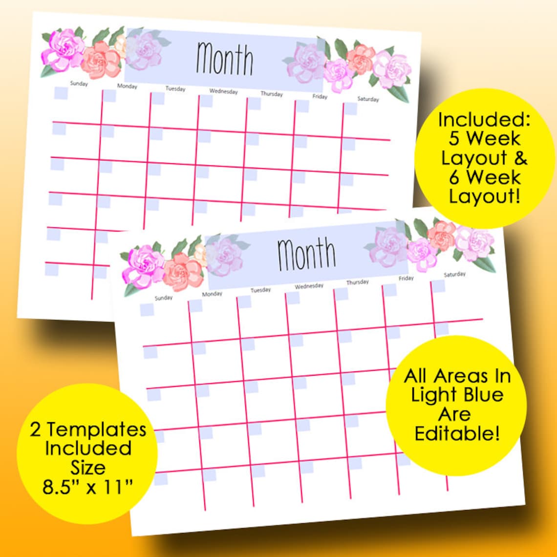Monthly calendar editable template planner printable calendar etsy