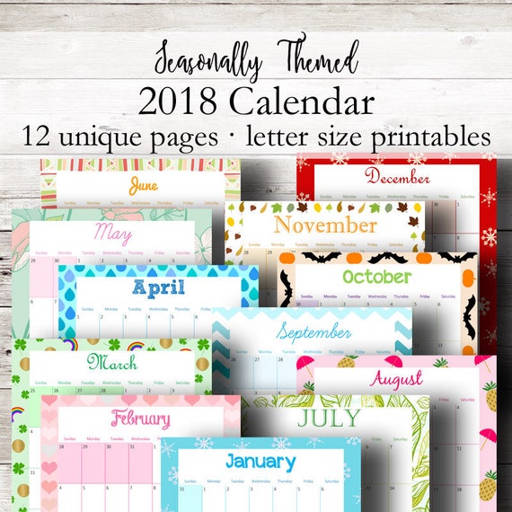Themed Printable Calendar 2018 Monthly Planner 2018 Wall ... Themed Printable Calendar 2018 Monthly Planner 2018 Wall ...