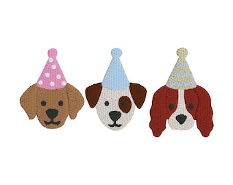Diseño de bordado de perros con sombreros de fiesta, archivo de bordado de perro de cumpleaños para niños, amantes de las mascotas y proyectos de fiesta – Descarga digital