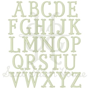 May include: A complete set of twenty-six uppercase letters from A to Z, rendered in a light sage green color with a distinct embroidered stitch texture. Each letter features a classic serif typeface with decorative flourishes at the terminals.