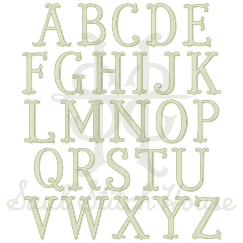 May include: A complete set of twenty-six uppercase letters from A to Z, rendered in a light sage green color with a distinct embroidered stitch texture. Each letter features a classic serif typeface with decorative flourishes at the terminals.