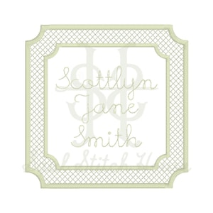 May include: A square embroidery design featuring a light green lattice border with scalloped corners. The center contains the name Scottlyn Jane Smith stitched in a light green cursive font, with a faint watermark logo visible behind the text.