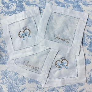 Wedding Cocktail Napkins Set of 4 with Cheers and Ring Embroidery, Elegant Linen Napkins for Engagement Party or Bridal Shower Decor