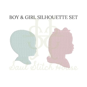 May include: An embroidery design set featuring a light blue silhouette of a child and a light pink silhouette of a child with a bow. The text BOY & GIRL SILHOUETTE SET is printed at the top, and the text Saul Stitch House is at the bottom.