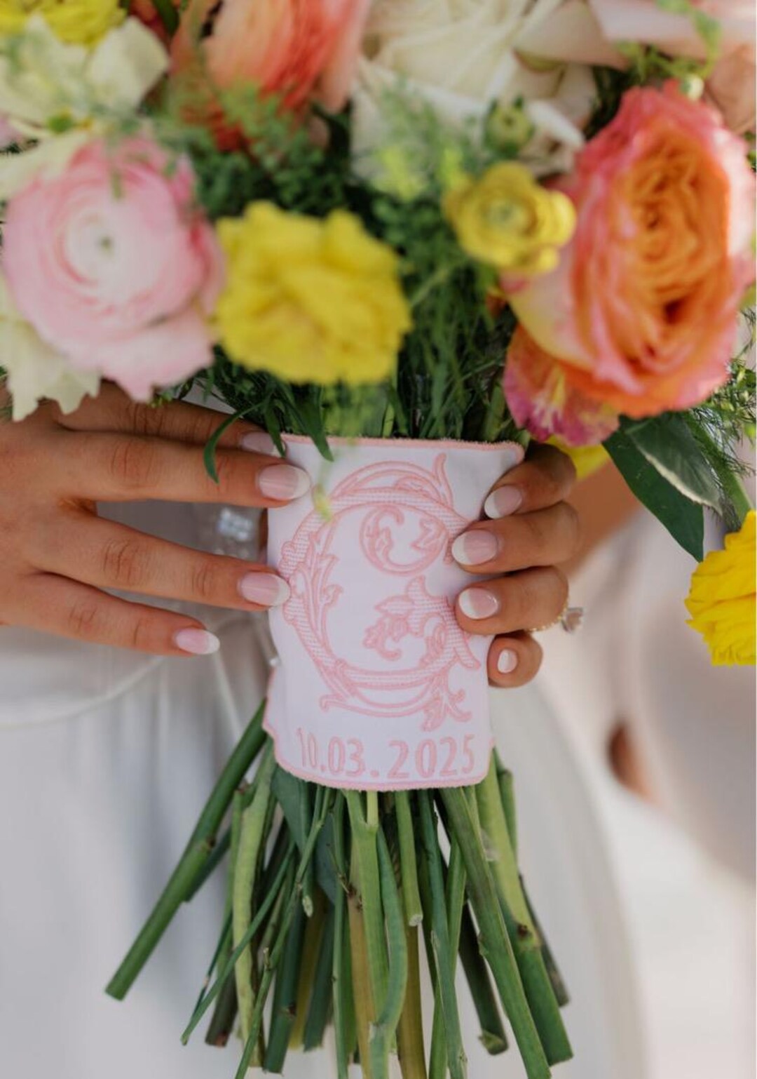 Custom Embroidered Bouquet Sash with Monogram and Wedding Date, Personalized Bridal Bouquet Wrap for Weddings Flat Lay and Special Occasions - P