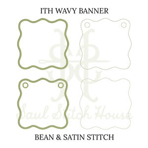 May include: Four square banner shapes with wavy edges, displayed in a grid. Two shapes feature a thick olive green satin stitch border, while two are outlined in thin black lines. The bottom left shape includes two circular eyelets for hanging.