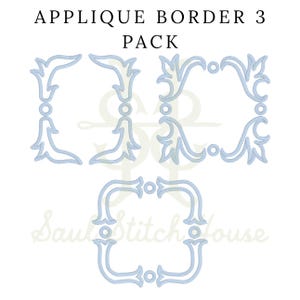 May include: Three light blue embroidered applique border designs featuring scrolling leaf patterns and circular accents. The text APPLIQUE BORDER 3 PACK is displayed at the top, with the watermark Saul Stitch House visible in the center.