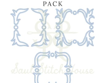 May include: Three light blue embroidered applique border designs featuring scrolling leaf patterns and circular accents. The text APPLIQUE BORDER 3 PACK is displayed at the top, with the watermark Saul Stitch House visible in the center.