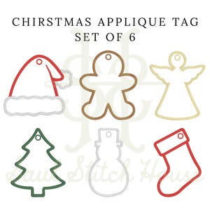 Könnte beinhalten: Ein Set aus sechs Weihnachts-Applikationsanhängern mit gestickten Umrissen von Weihnachtsmütze, Lebkuchenmann, Engel, Weihnachtsbaum, Schneemann und Socke. Jeder Anhänger hat ein Loch zum Aufhängen. Der Text lautet CHIRSTMAS APPLIQUE TAG SET OF 6.