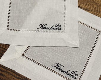 Custom Embroidered Linen Cocktail Napkin Set with the Couples Last Name Personalized Bar Coasters for Weddings or Gifts