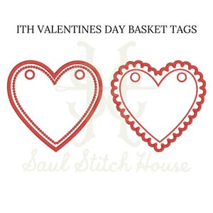 Könnte beinhalten: Zwei rote herzförmige Korb-Anhänger mit dem Text ITH VALENTINES DAY BASKET TAGS oben. Das linke Herz hat einen perlenartigen Rand, während das rechte Herz einen gewellten Rand aufweist. Beide Herzen haben zwei kreisförmige Löcher an der Oberseite.