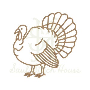 May include: A light brown machine embroidery design featuring the outline of a turkey with a fanned tail, detailed wing feathers, and a prominent wattle. The design includes the faint watermark text Saul Stitch House in the background.